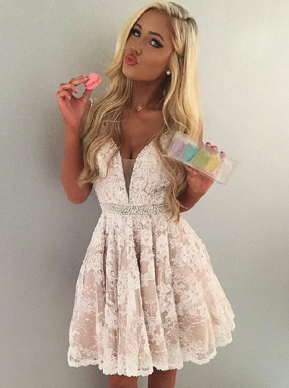 Lace Short Prom Dress V-neck Pleat Homecoming Dress With Beading OM256
