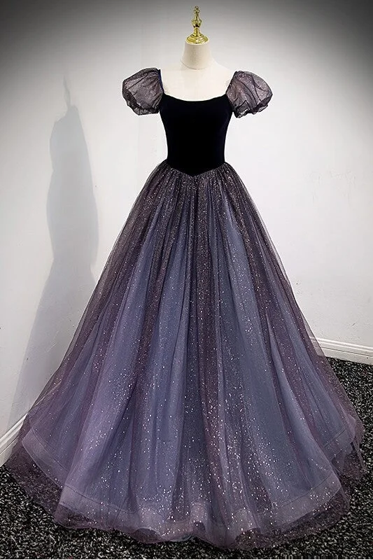 Navy Blue A-line Short Puffy Sleeves Princess Long Dress,DS3472