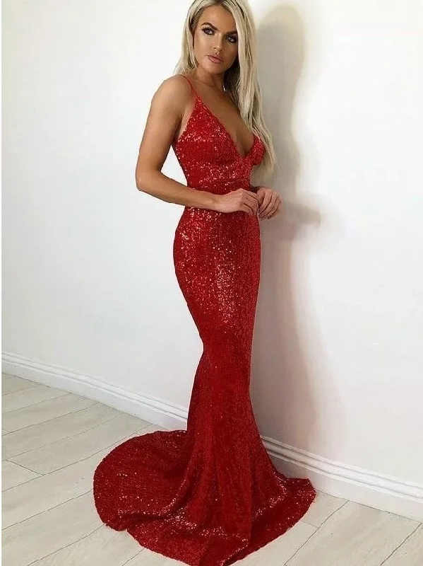 Spaghetti Straps Burgundy Sexy Long Prom Dresses Mermaid Sparkly Evening Gowns SED419