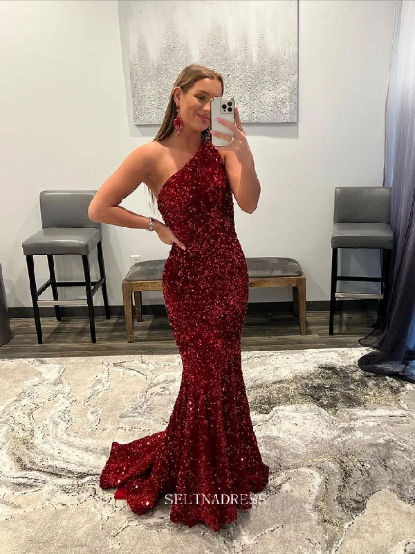 Chic One Shoulder Burgundy Long Prom Dresses Sequins Mermaid Evening Dresses Pageant Dress TKL068