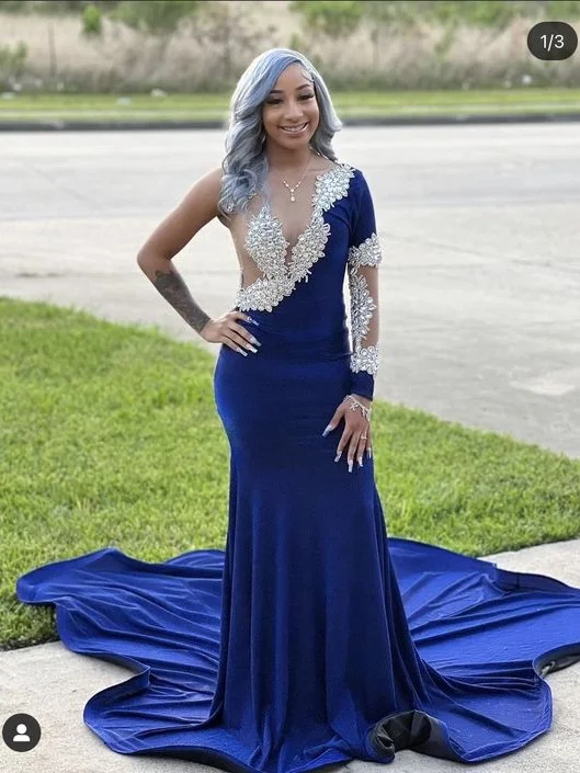 Mermaid One Shoulder Royal Blue African Prom Dress See Through Evening Gowns #POL037 Mermaid One Shoulder Royal Blue African Prom Dress See Through Evening Gowns #POL037