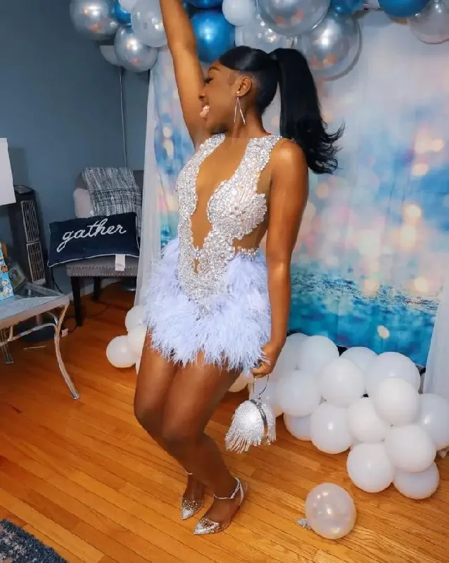 Sparkly Fashion Short Prom Homecoming Dresses for Black Girl Luxury Diamond Feather Mini Evening Birthday Gala Gown Sparkly Fashion Short Prom Homecoming Dresses for Black Girl Luxury Diamond Feather Mini Evening Birthday Gala Gown