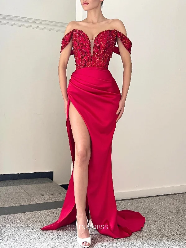 Mermaid Off the Shoulder African Prom Dress Red Sequins Long Evening Formal Dress #POL123 Mermaid Off the Shoulder African Prom Dress Red Sequins Long Evening Formal Dress #POL123