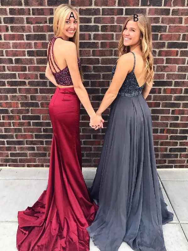 Burgundy Prom Dresses Spaghetti Straps Beading Prom Dress/Evening Dress SED389