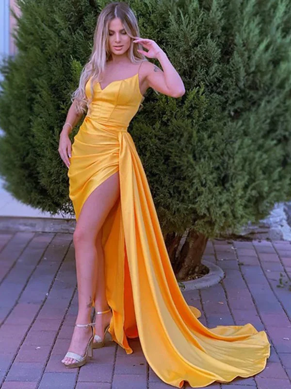Sexy Yellow Spaghetti Straps Simple Side-slit With Tail Mermaid Long Prom Dress, PD3503 Sexy Yellow Spaghetti Straps Simple Side-slit With Tail Mermaid Long Prom Dress, PD3503