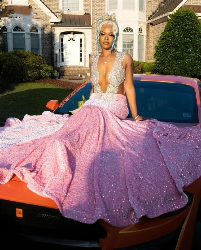 Luxury Pink Prom Dress For Black Girls Sparkly Crystal Rhinestones Beading Sequins Gown Birthday Party Homecoming Gown Luxury Pink Prom Dress For Black Girls Sparkly Crystal Rhinestones Beading Sequins Gown Birthday Party Homecoming Gown