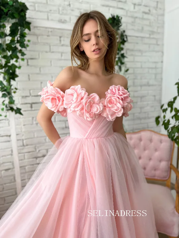 Chic Soft Baby Pink Long Prom Dress With Flower Off-the-shoulder Pink Princess Formal Dress Evening Dress JKSS41 Chic Soft Baby Pink Long Prom Dress With Flower Off-the-shoulder Pink Princess Formal Dress Evening Dress JKSS41