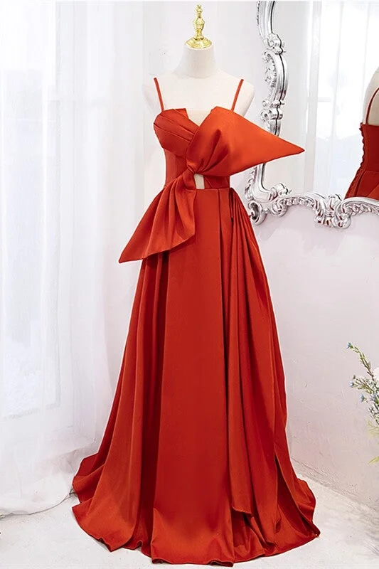 Orange Spaghetti Straps Knotted Satin A-line Long Dress,DS3476