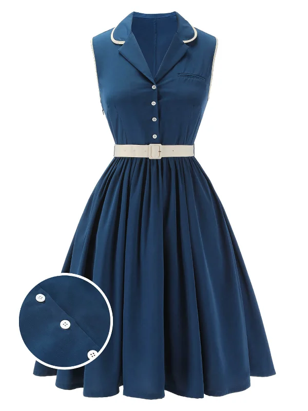 1960s Navy Blue Sleeveless Lapel Dress Tunics Long Elegant