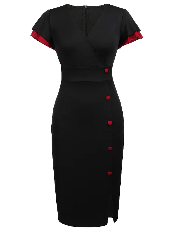 Black 1960s Button Slit Bodycon Dress Tunics Spring floral