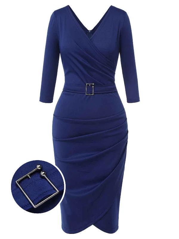 Blue 1940s Solid V-Neck Dress with Belt Tunics Stylish elegant