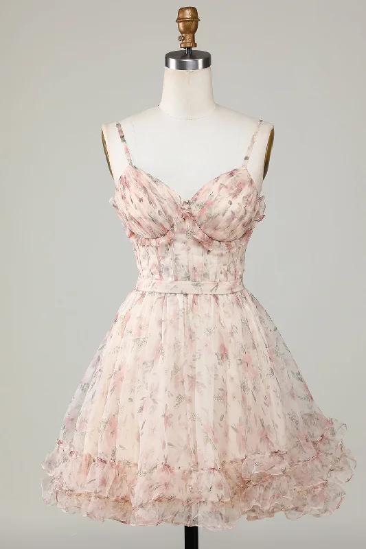 Champagne A-Line Corset Floral Short Homecoming Dress Tunics Stylish elegant