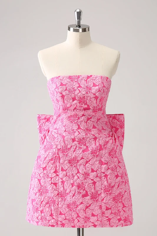 Fuchsia A Line Floral Strapless Short Homecoming Dress With Bow Tunics Top rated