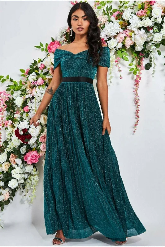 Goddiva Bardot Pleated Skirt Maxi Dress - Emerald Tunics Satin smooth
