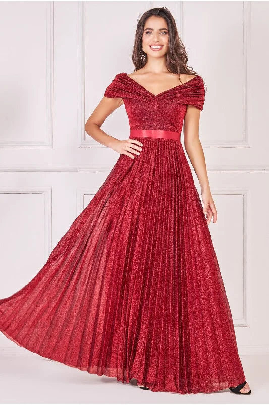 Goddiva Bardot Pleated Skirt Maxi Dress - Wine Tunics Leisure comfortable