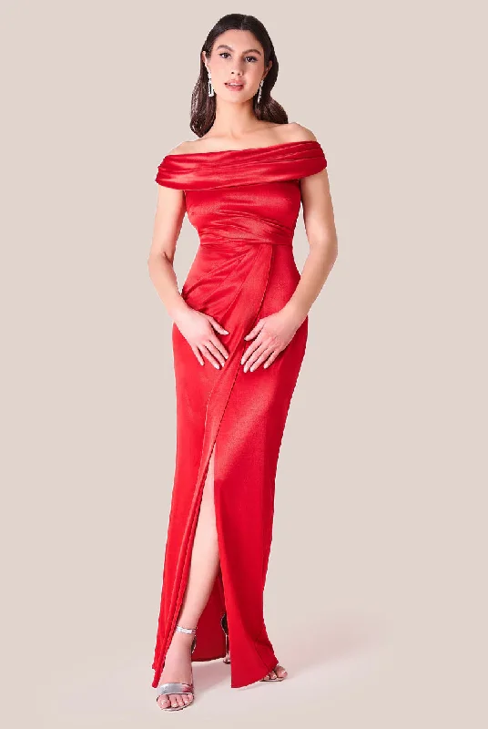Goddiva Cowl Bardot Satin Twill Maxi Dress - Red Tunics Print Colorful