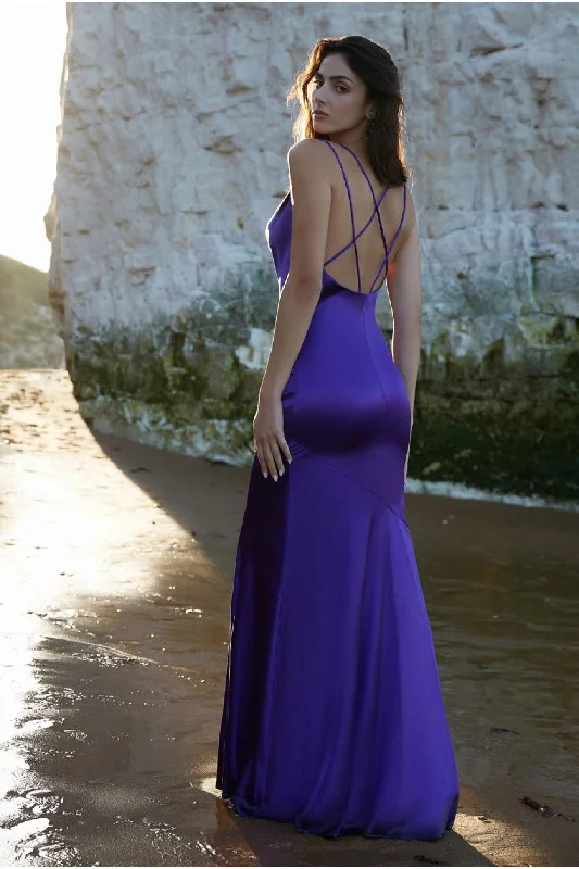 Goddiva Cowl Neck With Strappy Back Satin Maxi - Purple Tunics Spring floral