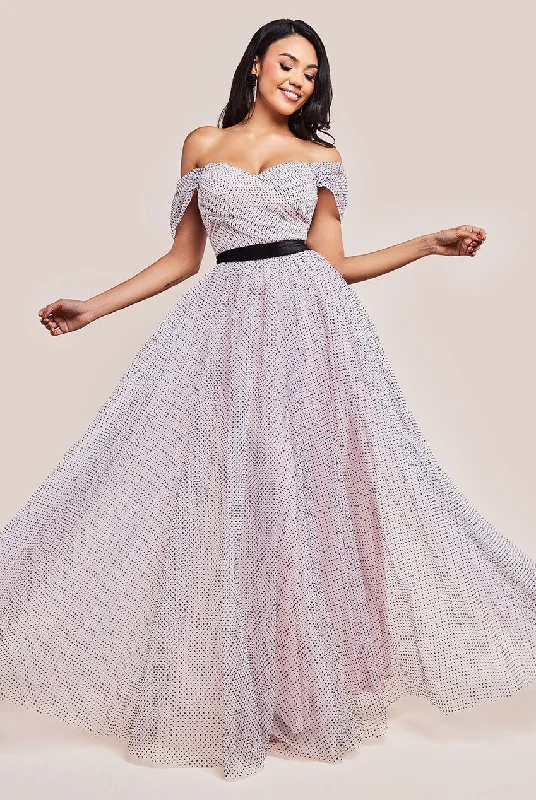 Goddiva Dobby Mesh Off The Shoulder Princess Maxi Dress - Blush Tunics Solid Classic