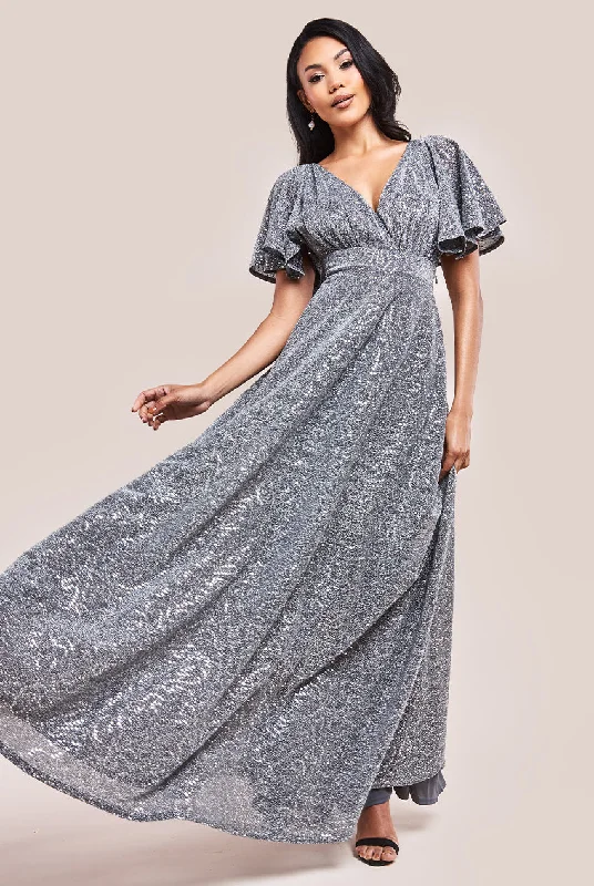 Goddiva Sequin Lurex Flutter Sleeve Maxi Dress - Silver Shift Classic Vintage
