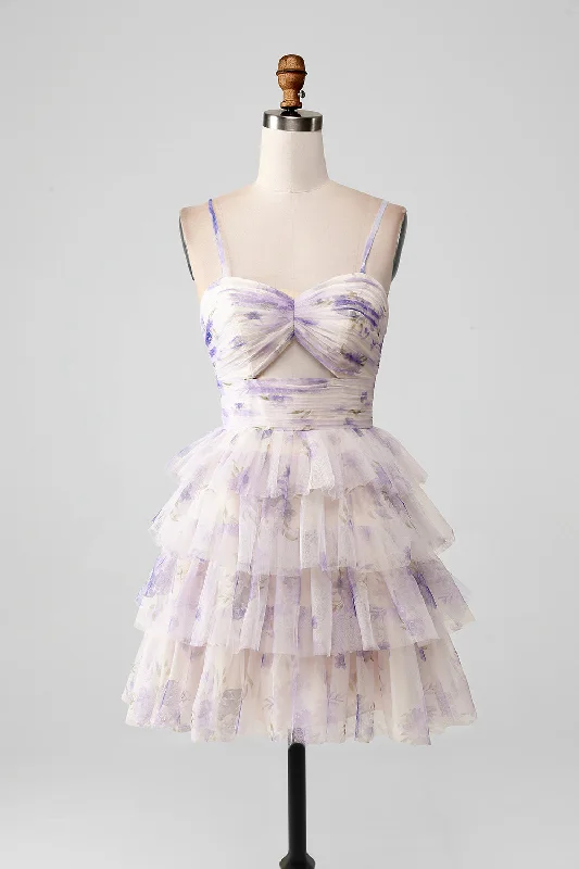Lavender Flower A Line Spaghetti Straps Tiered Pleated Short Homecoming Dress Tunics Gym athletic