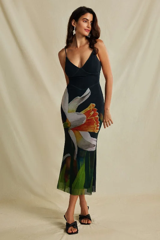 Floral Print Crisscross Back Mesh Slip Midi Dress Tunics Sophisticated sleek
