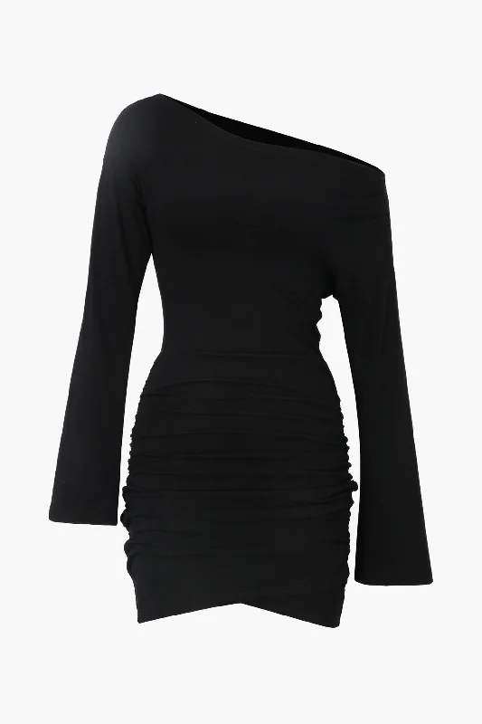 One Shoulder Flared Sleeve Ruched Wrap Mini Dress Casual Short Summer