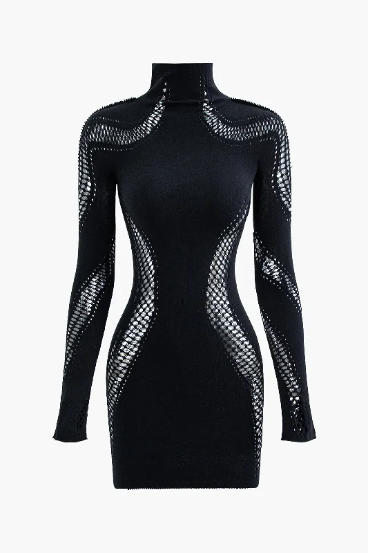Turtleneck Cut Out Long Sleeve Mini Dress Floral Print girly