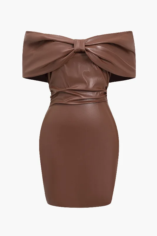 Solid Bow Faux Leather Off Shoulder Mini Dress