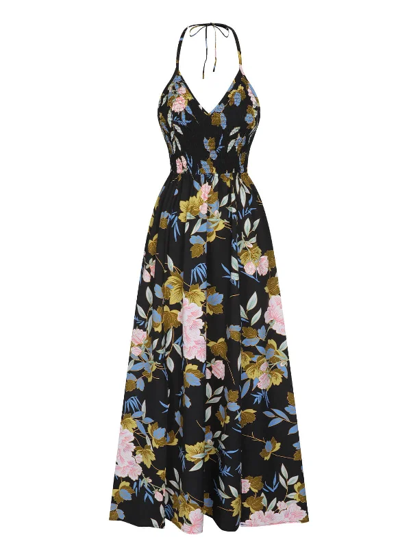 Multicolor 1940s Smocked Halter Floral Dress Tunics Wedding white