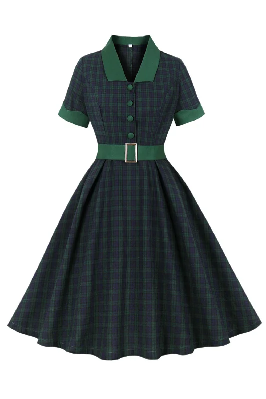 Navy Green Plaid Belted Swing 1950s Dress Pencil Office Professional