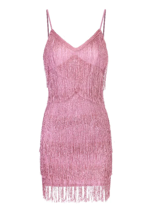Pink 1920s Spaghetti Strap V-Neck Fringe Dress Tunics Cozy soft