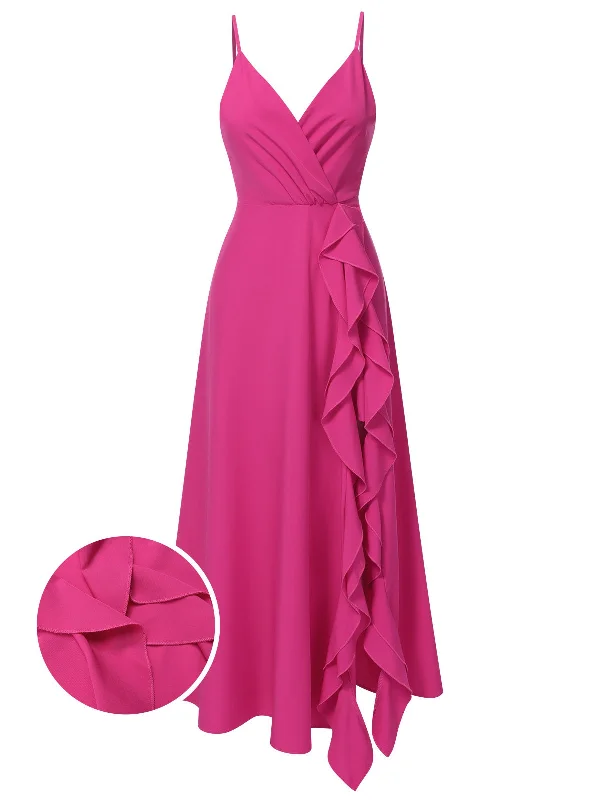 Pink 1930s V-Neck Ruffled Irregular Slit Dress Tunics Fashionable trendy
