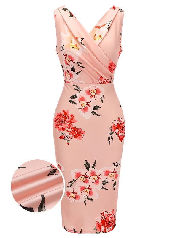 Pink 1950s V-neck Wrap Floral Pencil Dress Tunics stripes playful