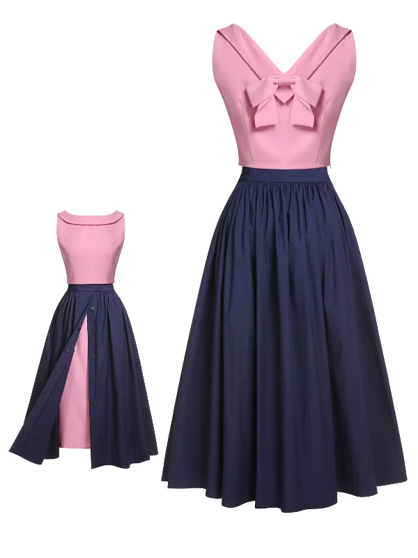 3PCS Pink 1960s Bow Blouse & Spaghetti Dress & Umbrella Skirt Tunics Exclusive limited