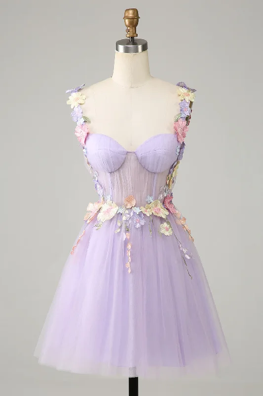 Purple Spaghetti Straps Tulle Homecoming Dress With 3D Flowers Tunics Sophisticated sleek