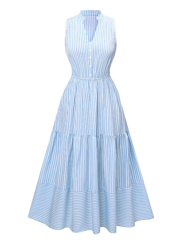Sky Blue 1940s Stripes Stand Collar Dress Tunics Handmade artisanal