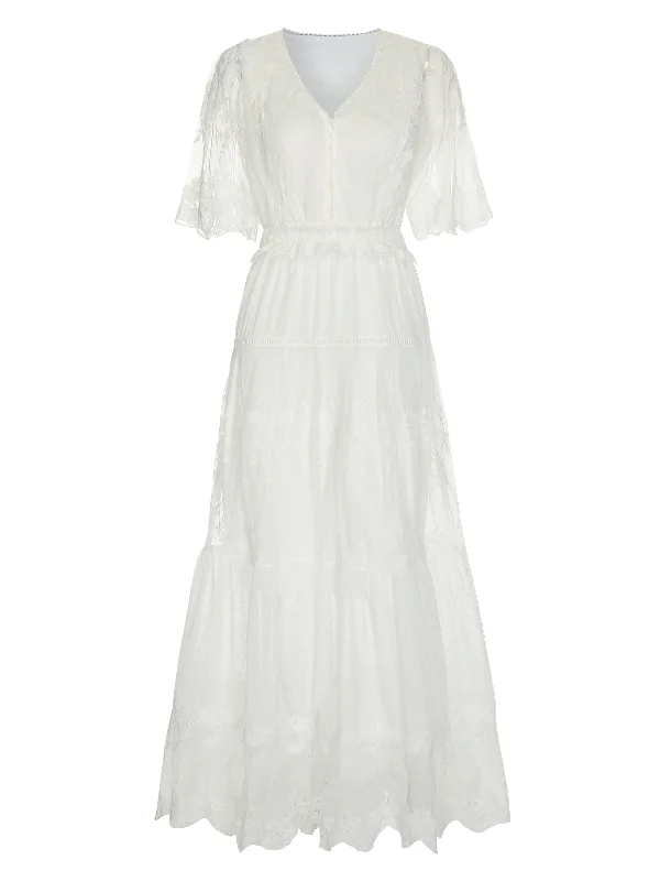 White 1940s Flare Sleeve Lace Dress Tunics Hiking breathable