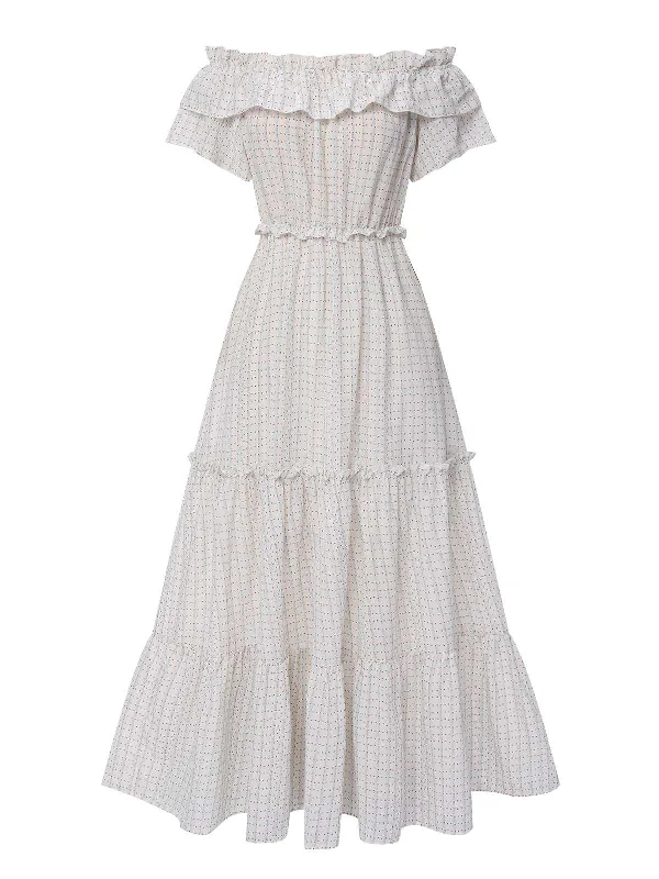 White 1940s Off-Shoulder Ditsy Floral Dress Tunics Stylish elegant