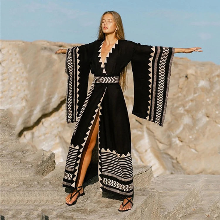 FashionSierra-Swimwear Cover Up  Women 2024  Summer Maxi  Beach Kimono  Vintage  Deep V  Long Sleeve  Loose  Holiday Boho Dress Summer Ready Swimsuit