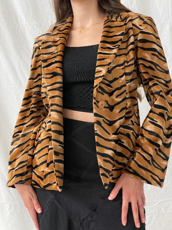 Vintage 90s Dana Mode Tiger Print Faux Fur Black and Tan Blazer - L Women's Stripe Blazer