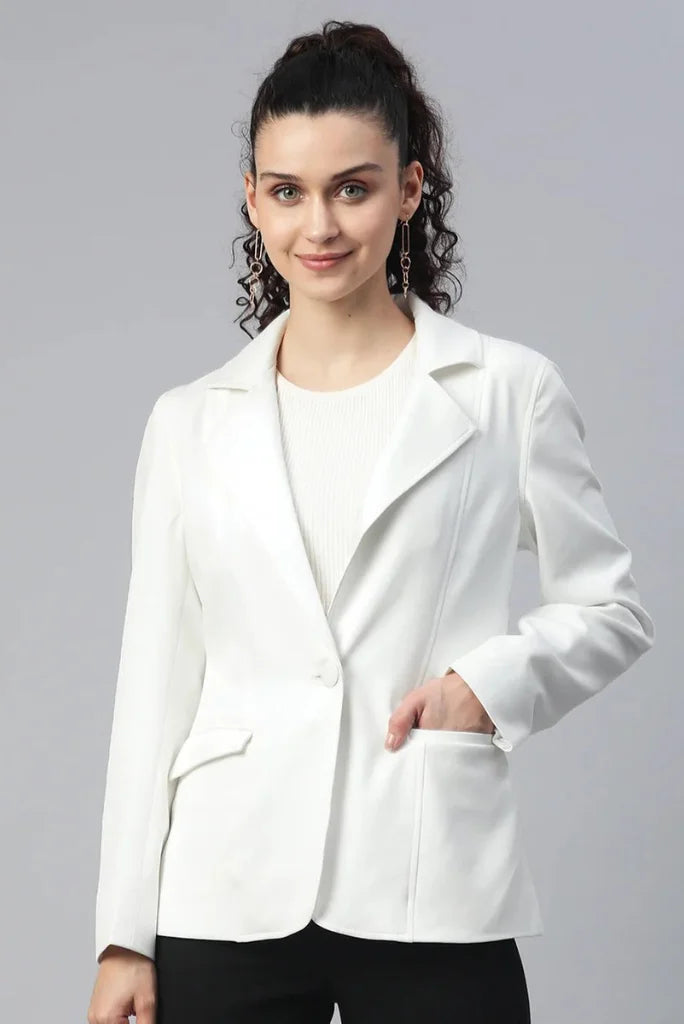 Women White Single Breasted Notched Lapel Blazer, Casual Long Sleeve Blazer for Her Women's Trendy Jacket