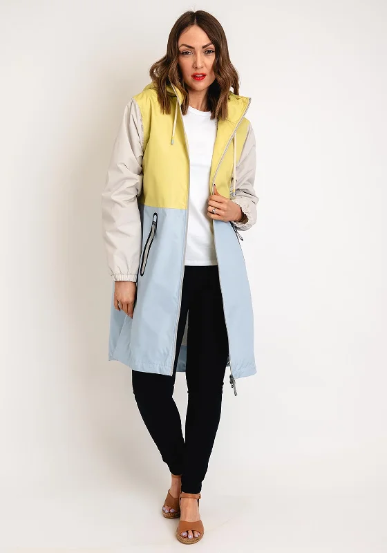 Etage Colour Block Long Rain Jacket, Blue Block Buttoned Toggled Snapped