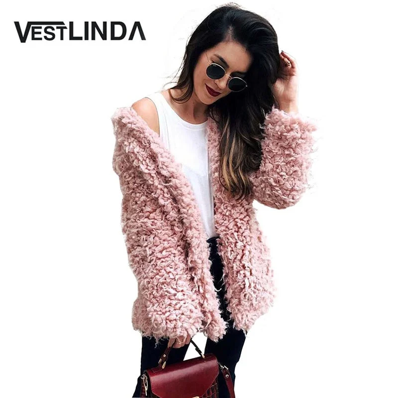 VESTLINDA Winter Grey Wool Overcoat Warm Outerwear Women Pink Faux Fur Coat Turn Down Collar Long Sleeve Cardigan Female Outwear Double-Breasted Trench