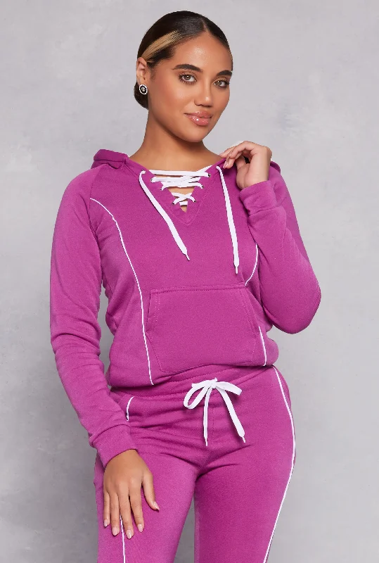 Fleece Contrast Piping Lace Up Pullover Hoodie