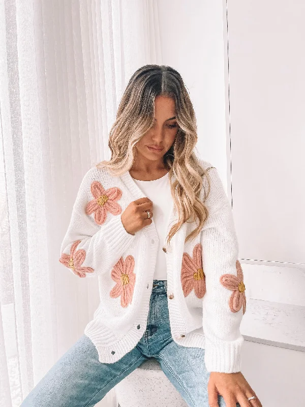Lyrise Cardigan - White Floral Relaxed Street Style
